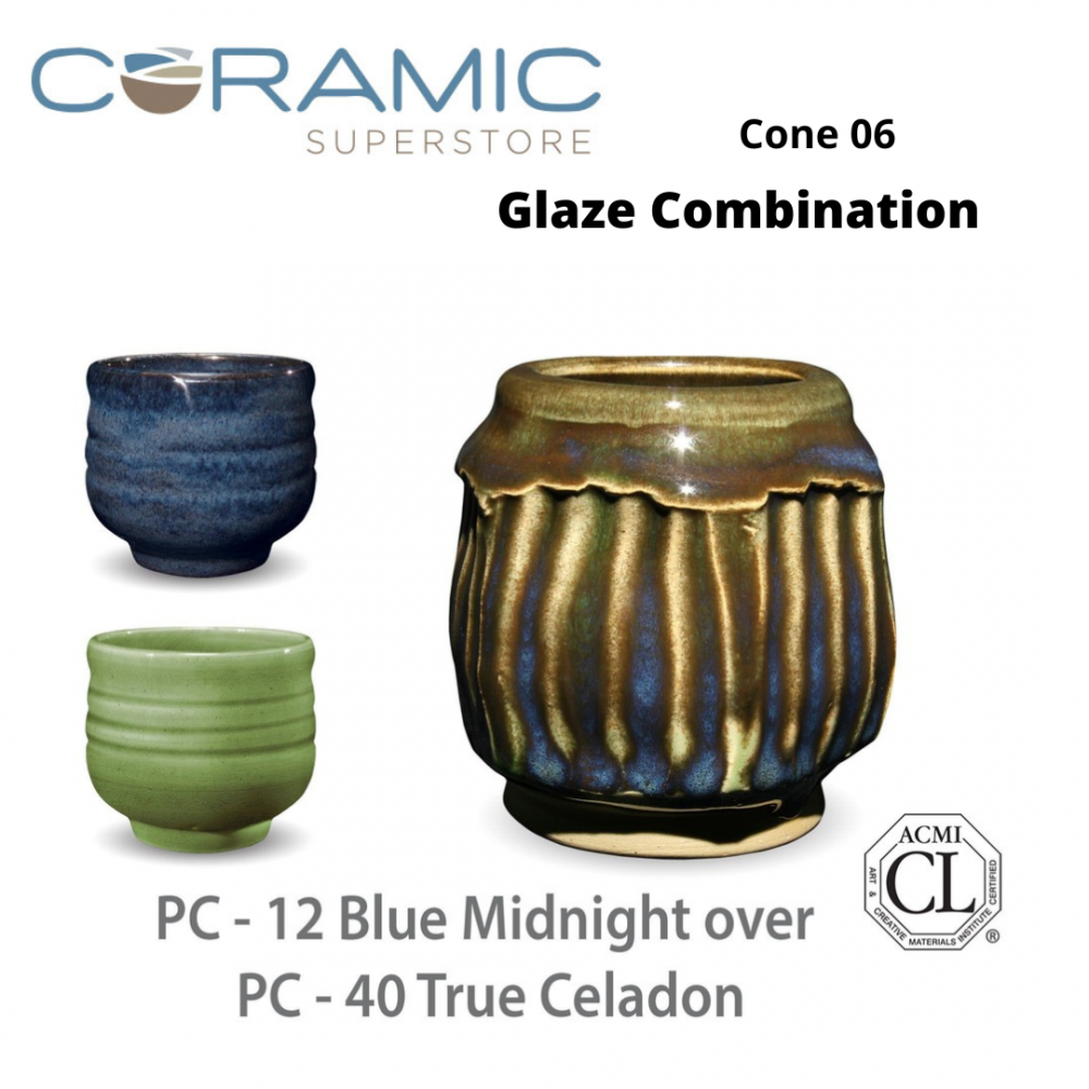 Blue Midnight PC-12 over True Celadon PC-40 Pottery Cone 5 Glaze Combination